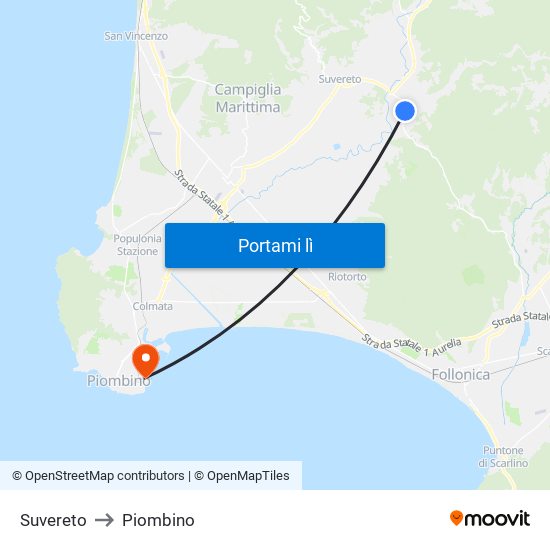 Suvereto to Piombino map