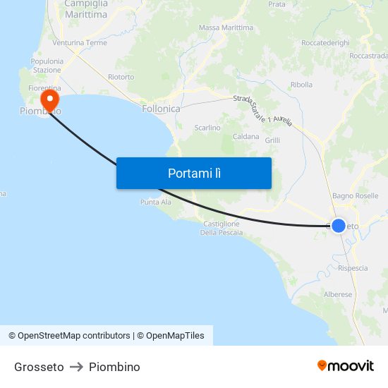 Grosseto to Piombino map