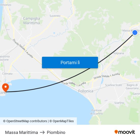 Massa Marittima to Piombino map