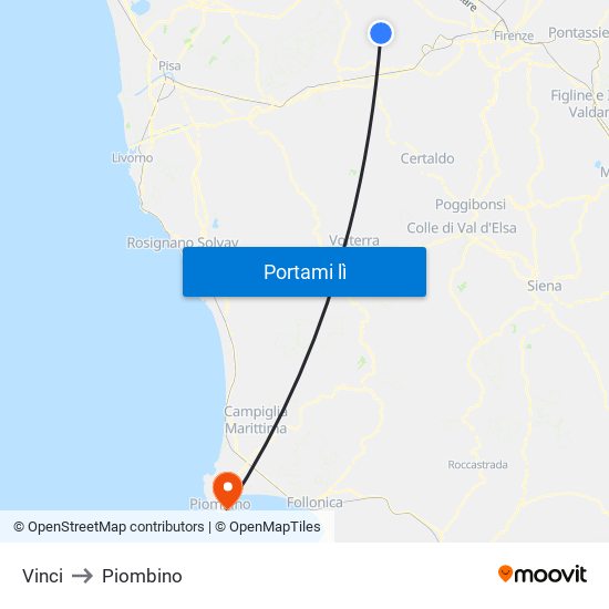 Vinci to Piombino map