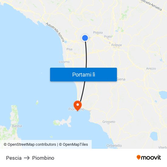 Pescia to Piombino map