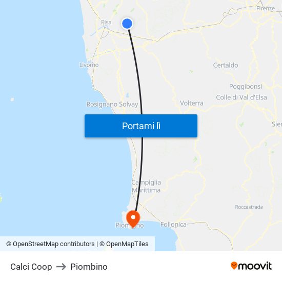 Calci Coop to Piombino map