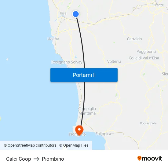 Calci Coop to Piombino map
