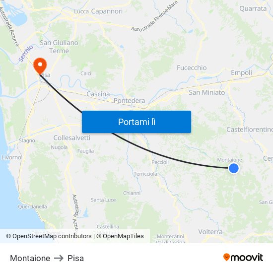 Montaione to Pisa map