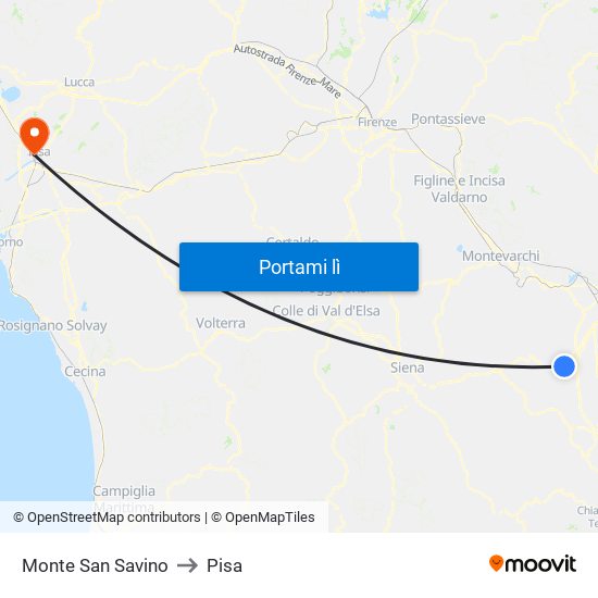 Monte San Savino to Pisa map