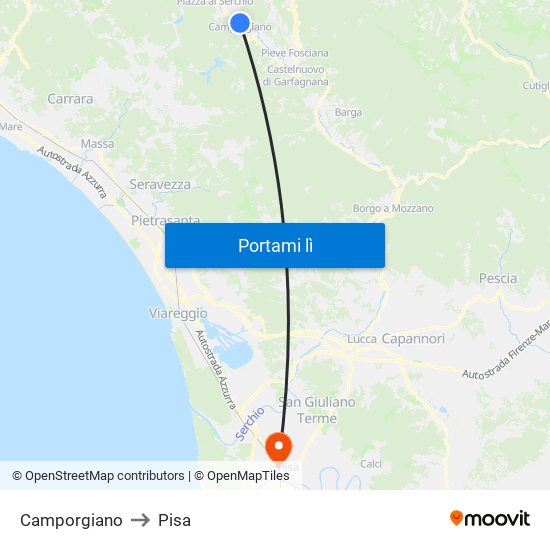 Camporgiano to Pisa map