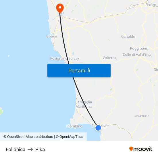 Follonica to Pisa map