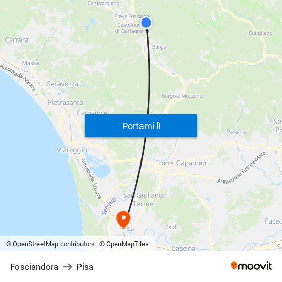 Fosciandora to Pisa map