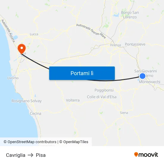 Cavriglia to Pisa map
