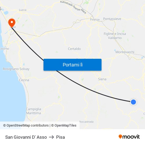 San Giovanni D' Asso to Pisa map