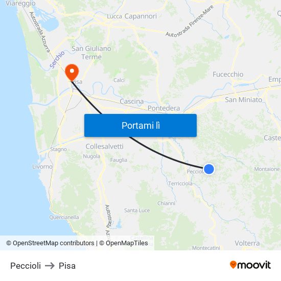 Peccioli to Pisa map