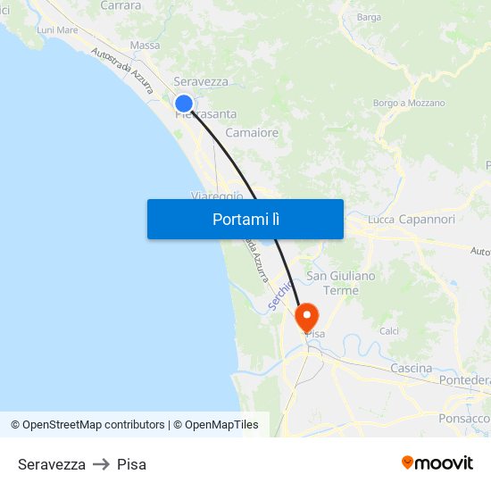 Seravezza to Pisa map