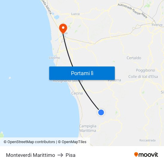 Monteverdi Marittimo to Pisa map