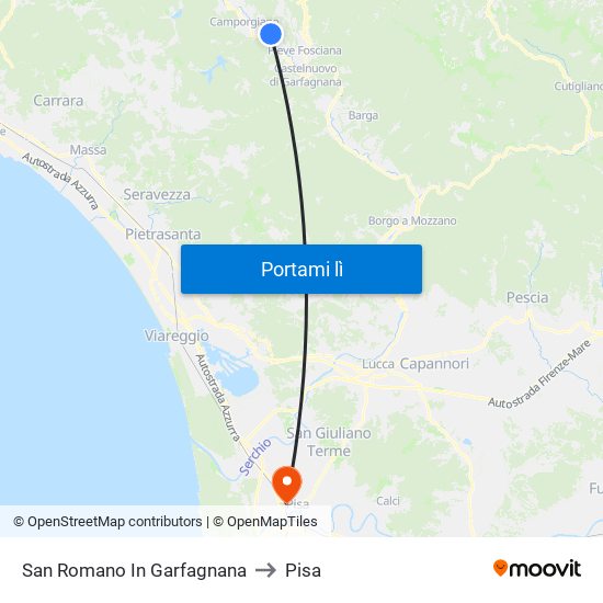 San Romano In Garfagnana to Pisa map