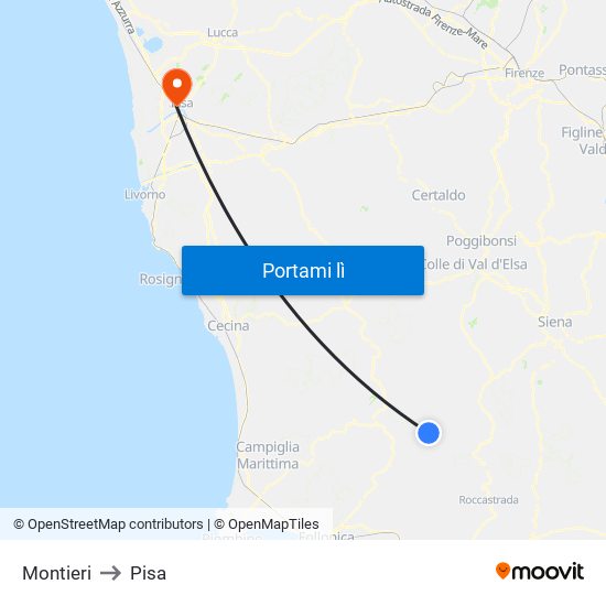 Montieri to Pisa map