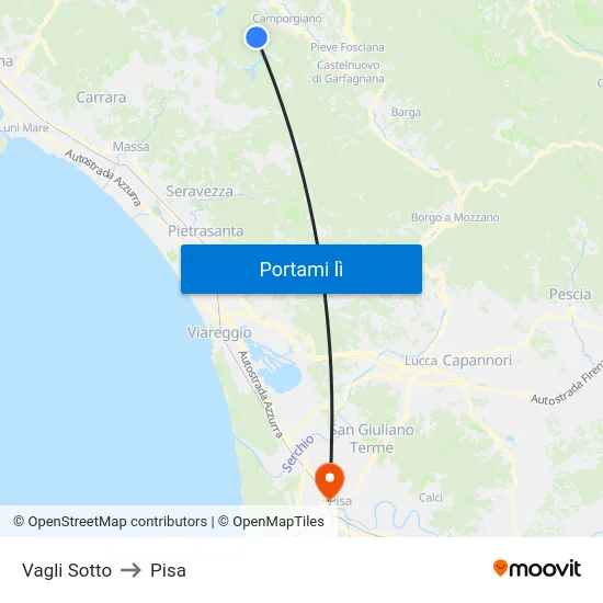 Vagli Sotto to Pisa map