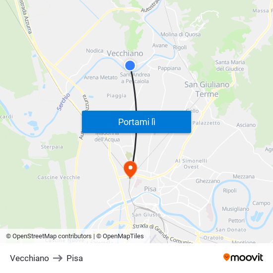 Vecchiano to Pisa map