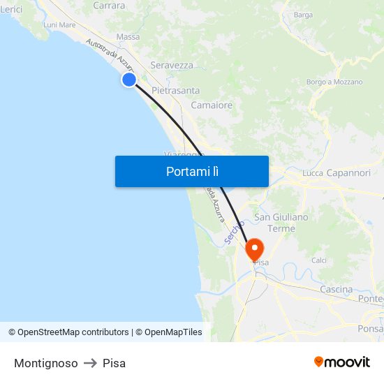 Montignoso to Pisa map