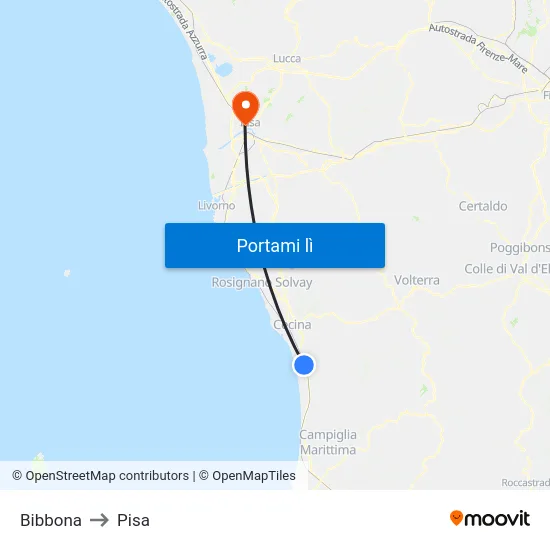 Bibbona to Pisa map