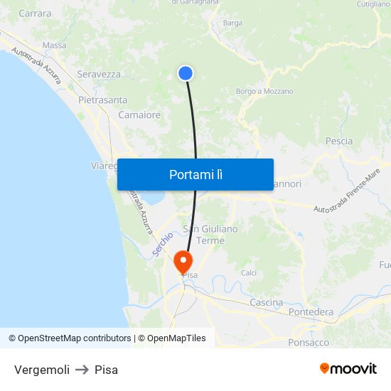 Vergemoli to Pisa map