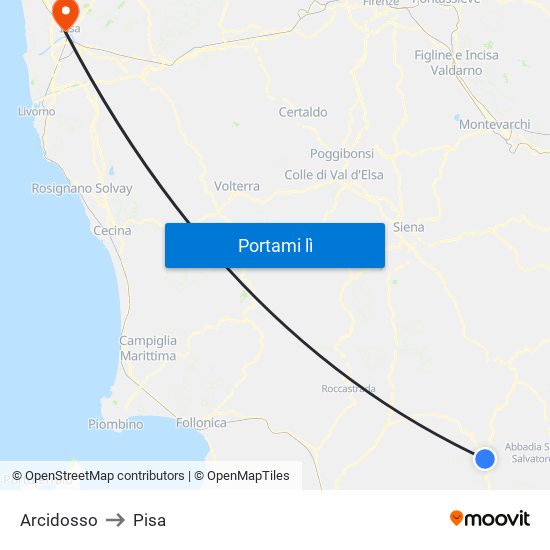 Arcidosso to Pisa map