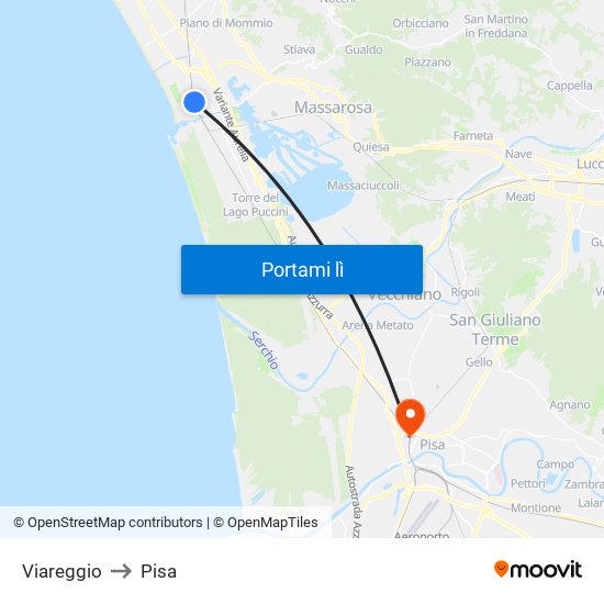 Viareggio to Pisa map