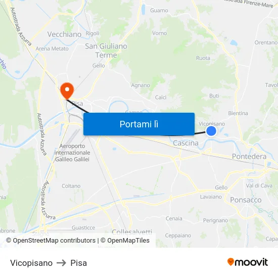 Vicopisano to Pisa map