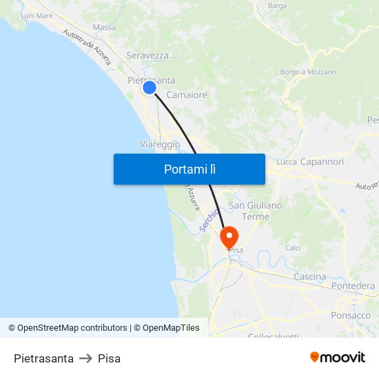 Pietrasanta to Pisa map