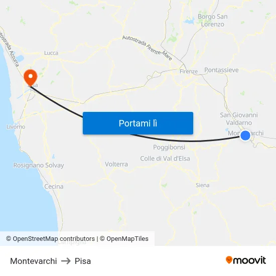 Montevarchi to Pisa map