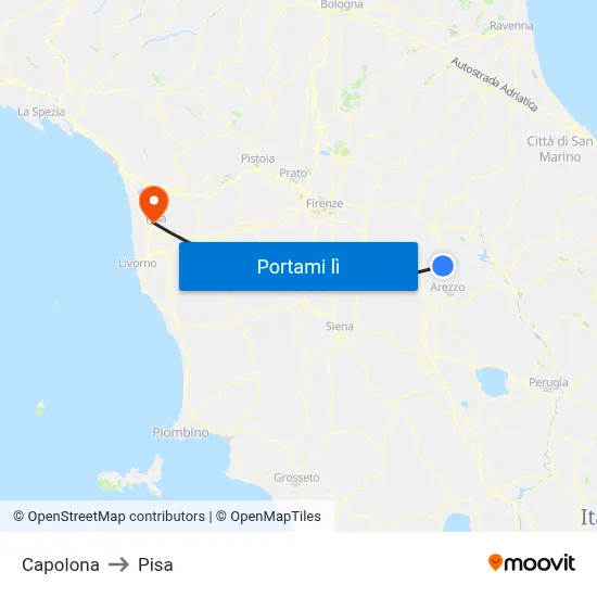 Capolona to Pisa map