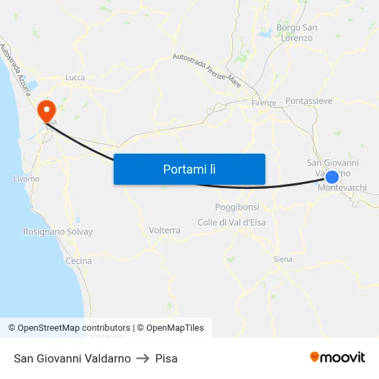 San Giovanni Valdarno to Pisa map