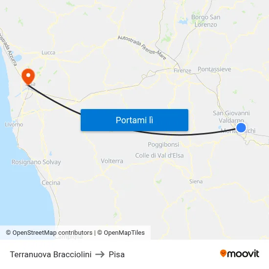 Terranuova Bracciolini to Pisa map