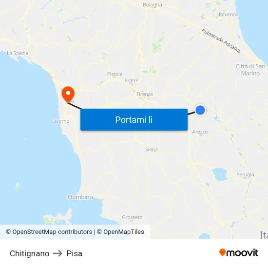 Chitignano to Pisa map