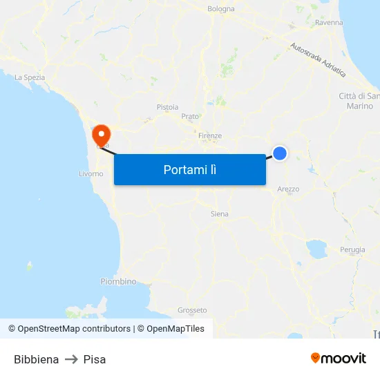 Bibbiena to Pisa map