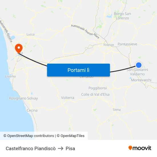 Castelfranco Piandiscò to Pisa map