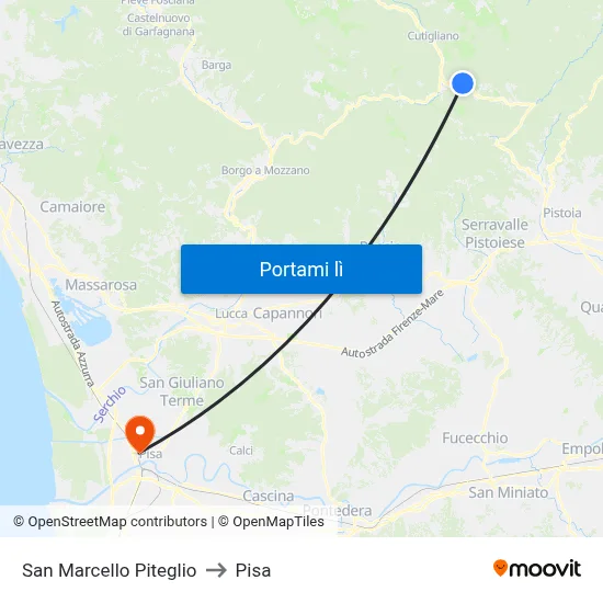 San Marcello Piteglio to Pisa map
