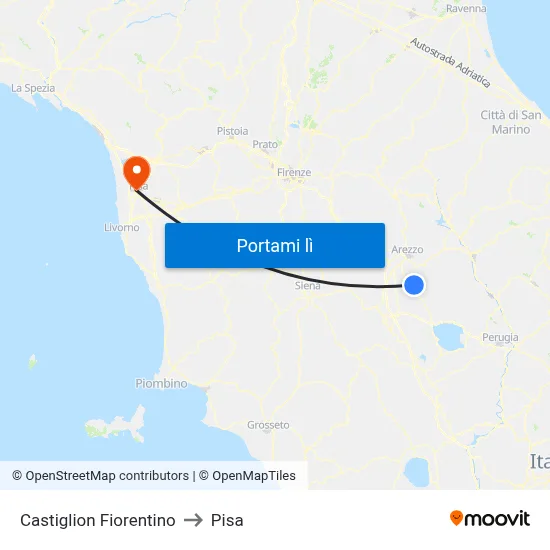 Castiglion Fiorentino to Pisa map