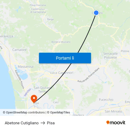Abetone Cutigliano to Pisa map