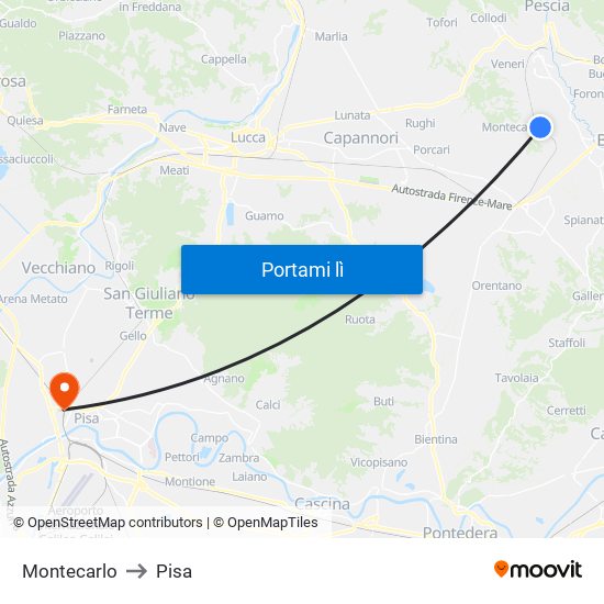 Montecarlo to Pisa map