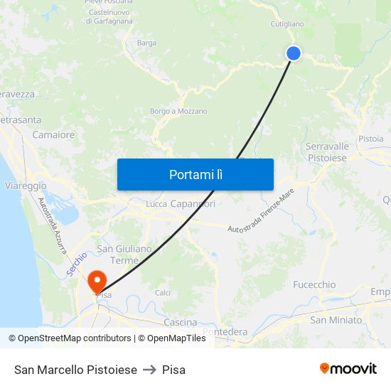 San Marcello Pistoiese to Pisa map