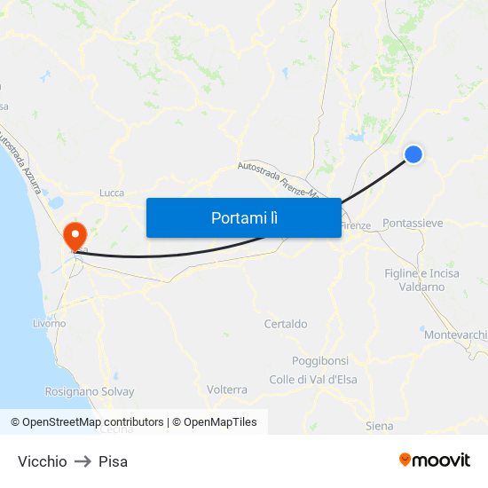 Vicchio to Pisa map