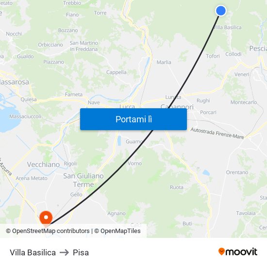 Villa Basilica to Pisa map