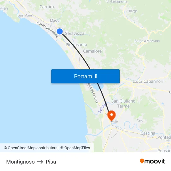 Montignoso to Pisa map