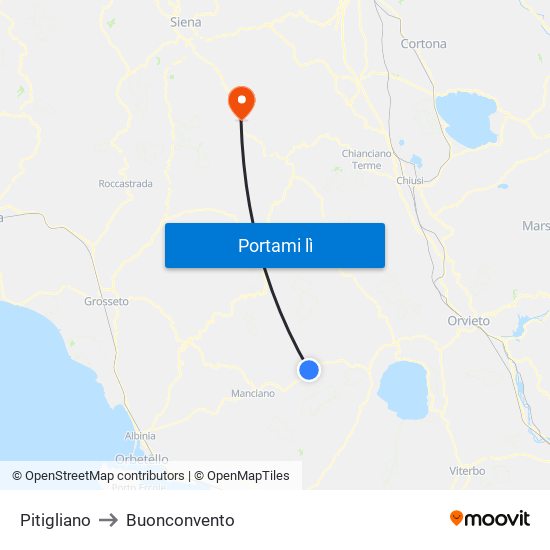 Pitigliano to Buonconvento map