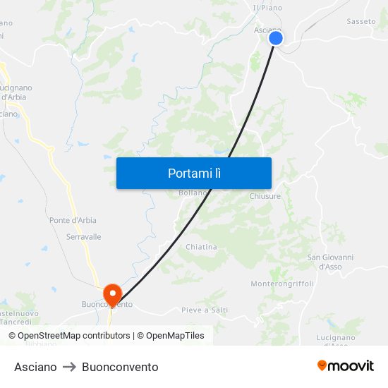 Asciano to Buonconvento map