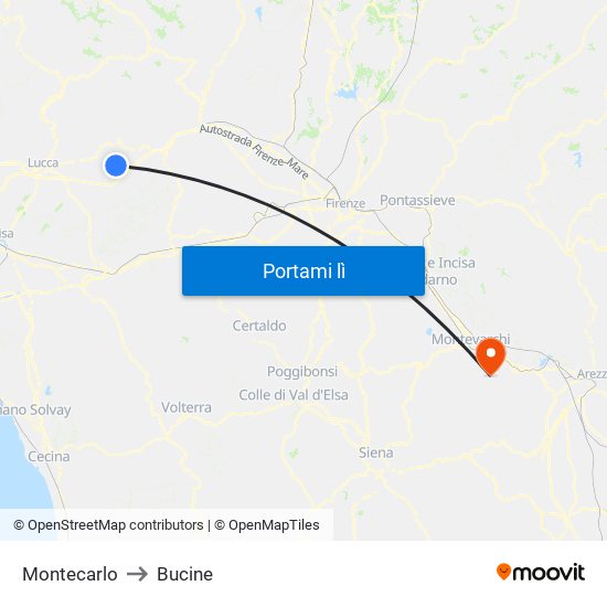 Montecarlo to Bucine map