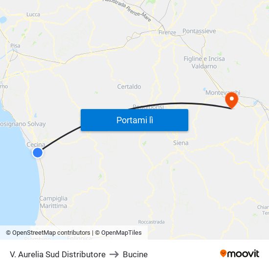 V. Aurelia Sud Distributore to Bucine map