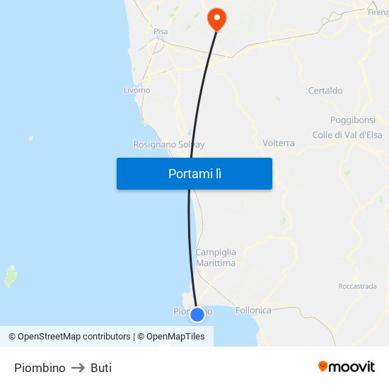 Piombino to Buti map