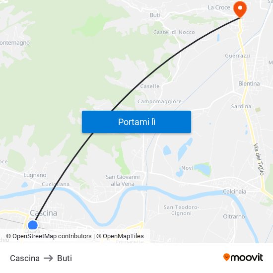 Cascina to Buti map