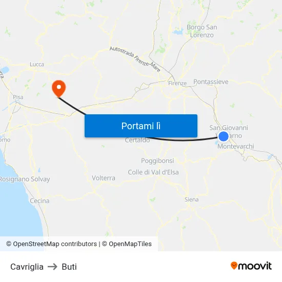 Cavriglia to Buti map